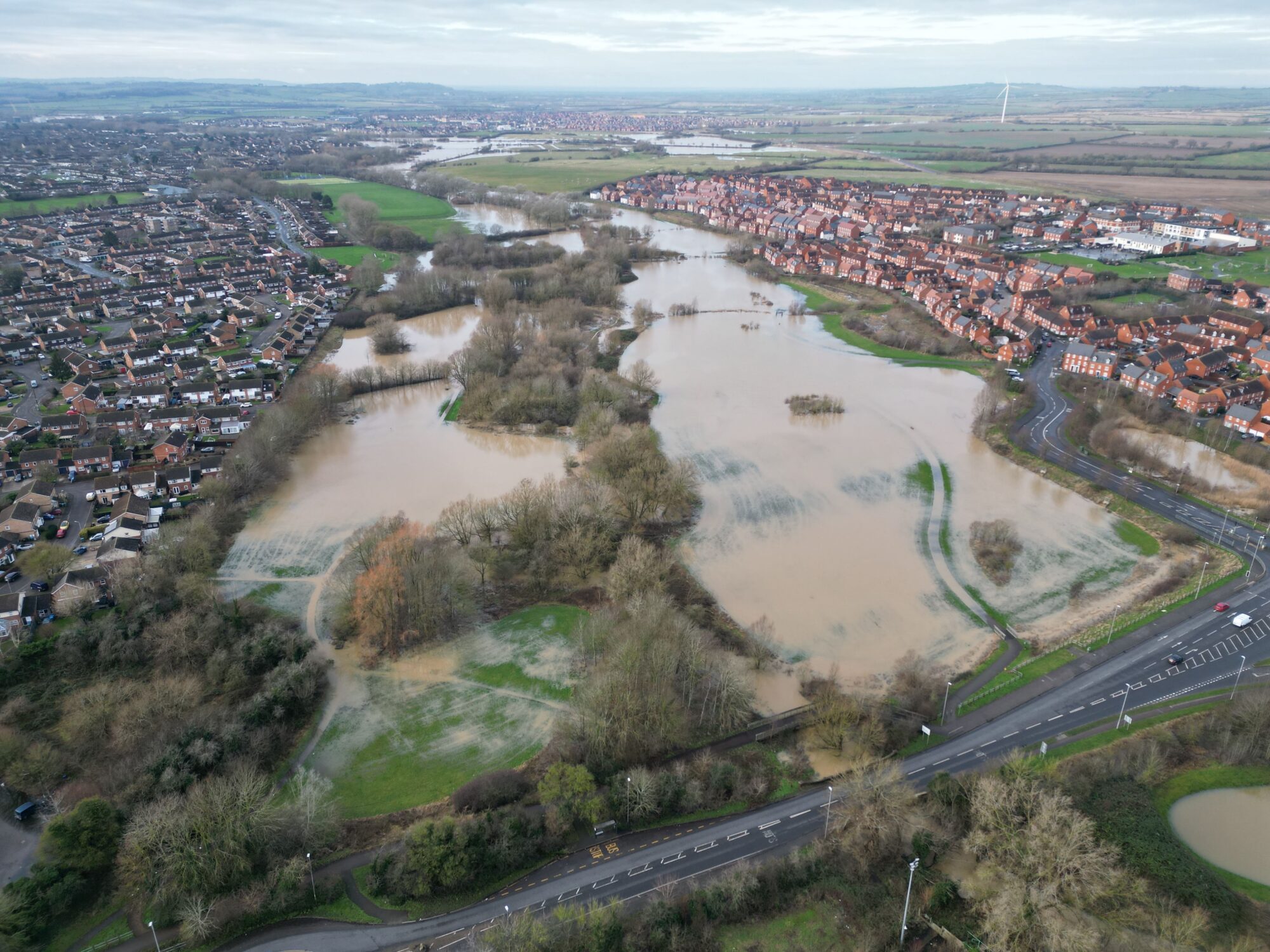 Drone imagery of flood waters. Image of Buckingham Park floodplain looking east to west in north Aylesbury. By skyeyeimagery.com