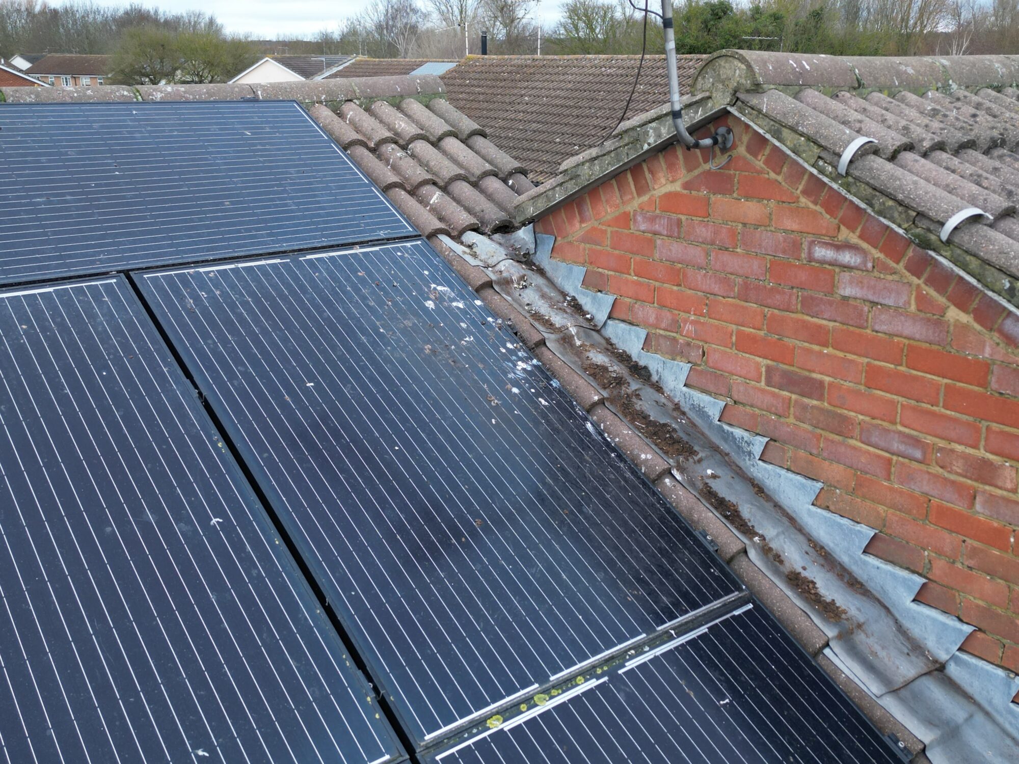 Drone survey imagery of a roof and solar panels. Bird droppings are visible and could effect solar generation and harm the solar panels.