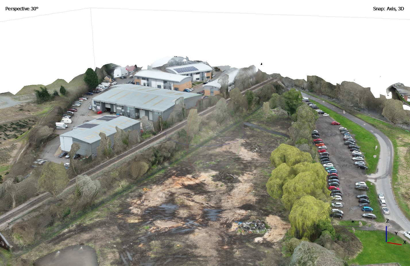 Drone 3D model of an industrial estate in Chesham next to a railway line and car park.