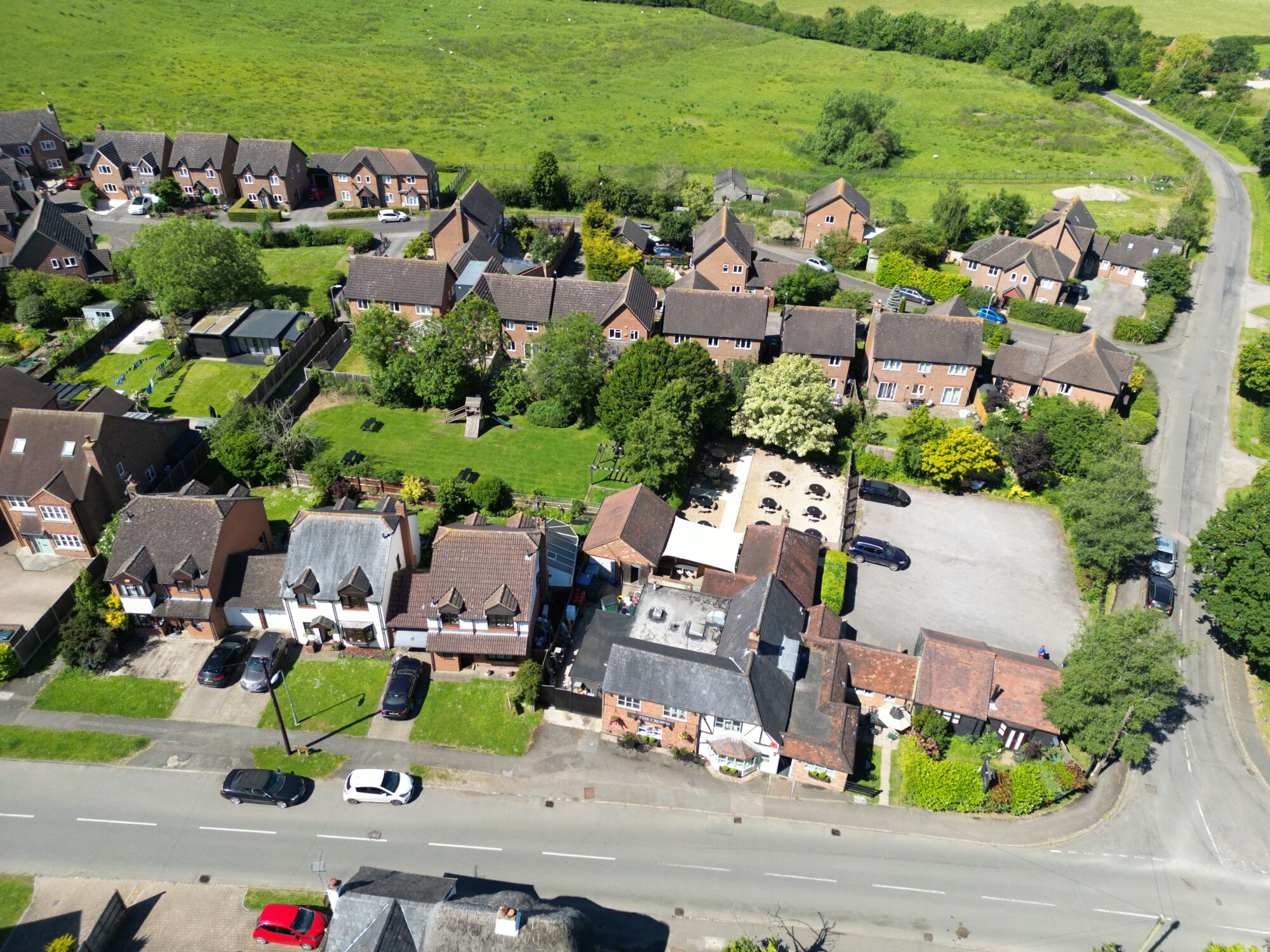 Drone image of the Crown Pub in Granborough.