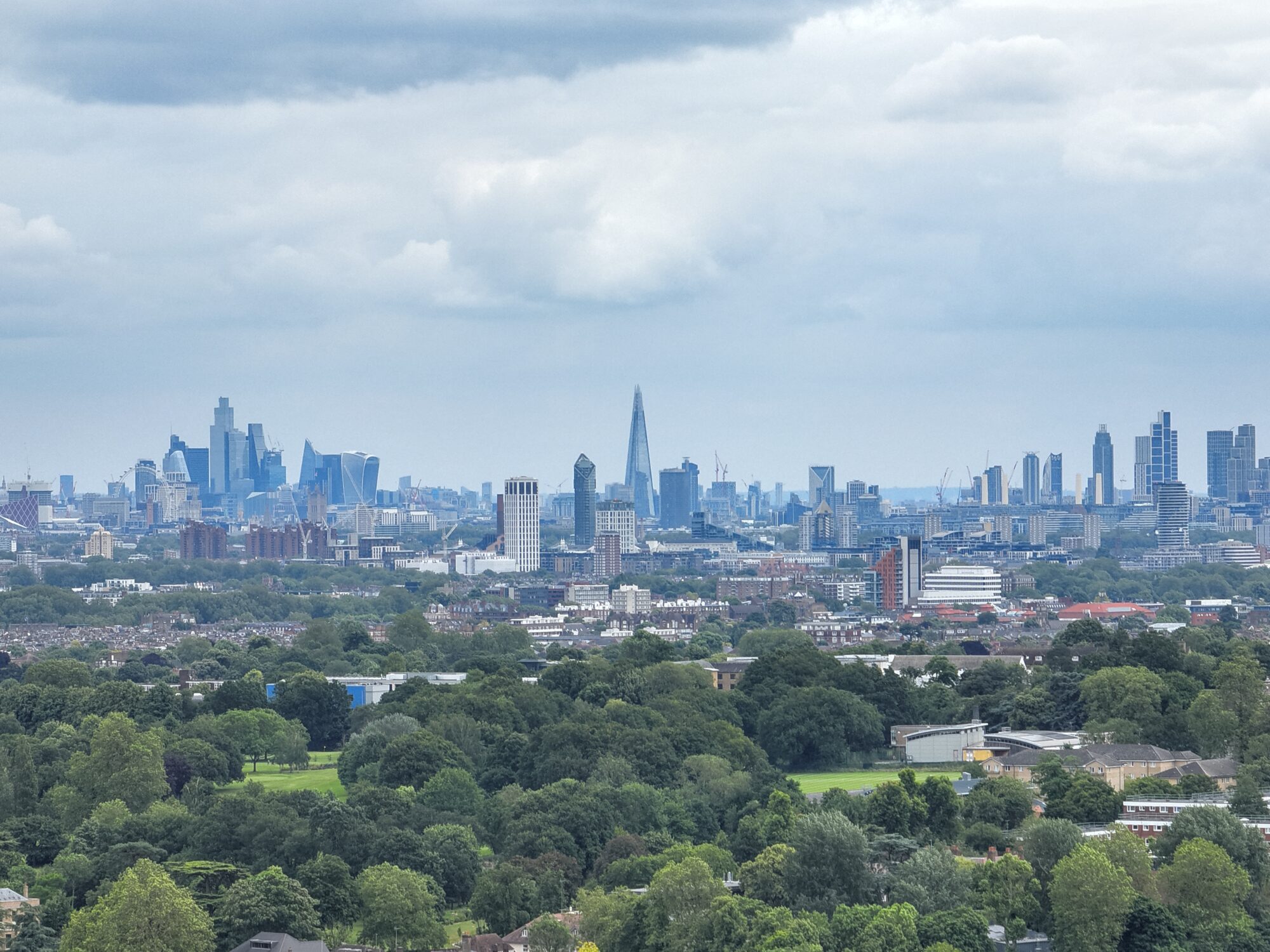 Drone image of The Shard and the City of London from Richmond Park.