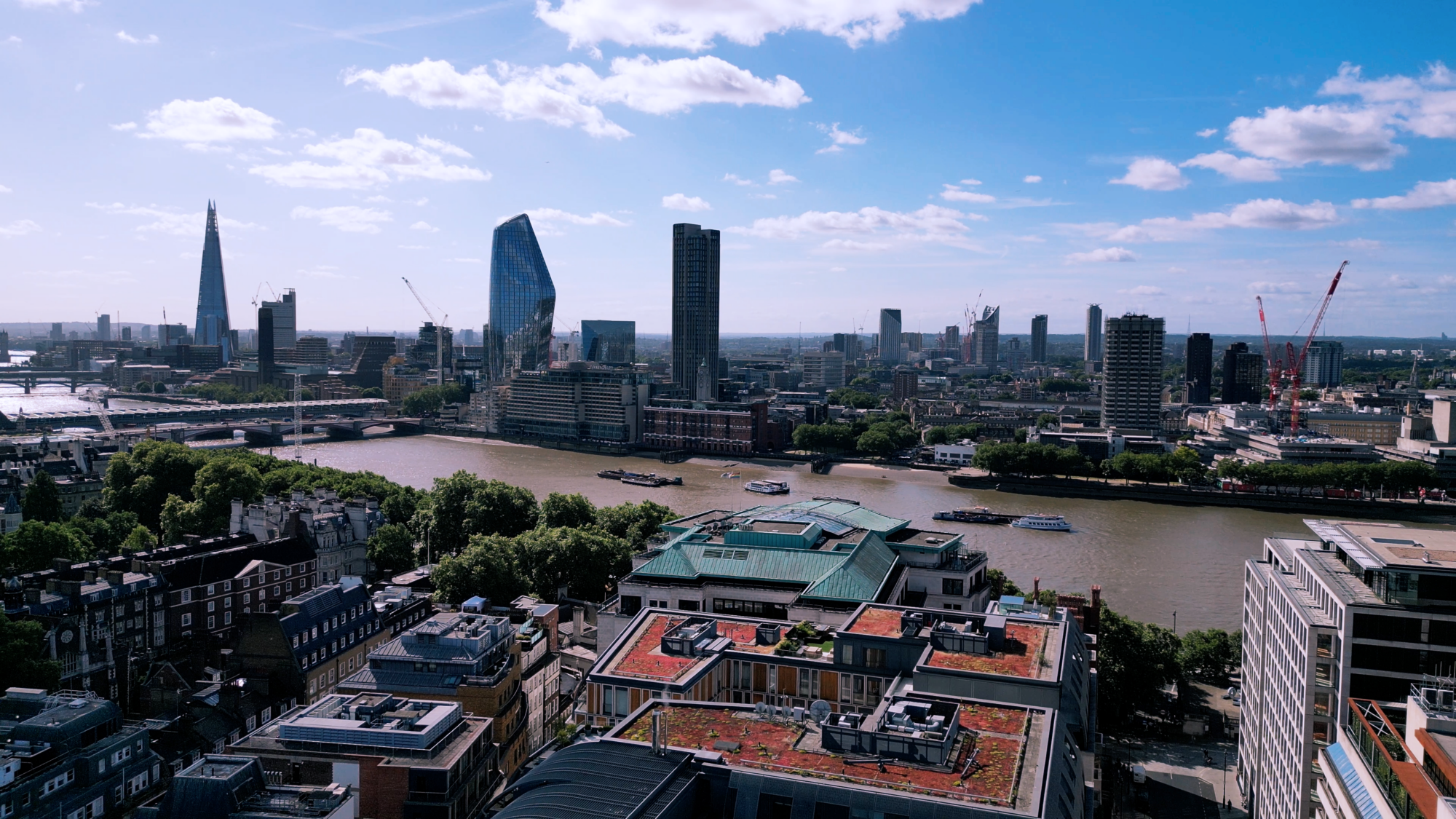 Drone image of the River Thames, The Shard and other iconic buildings in central London.