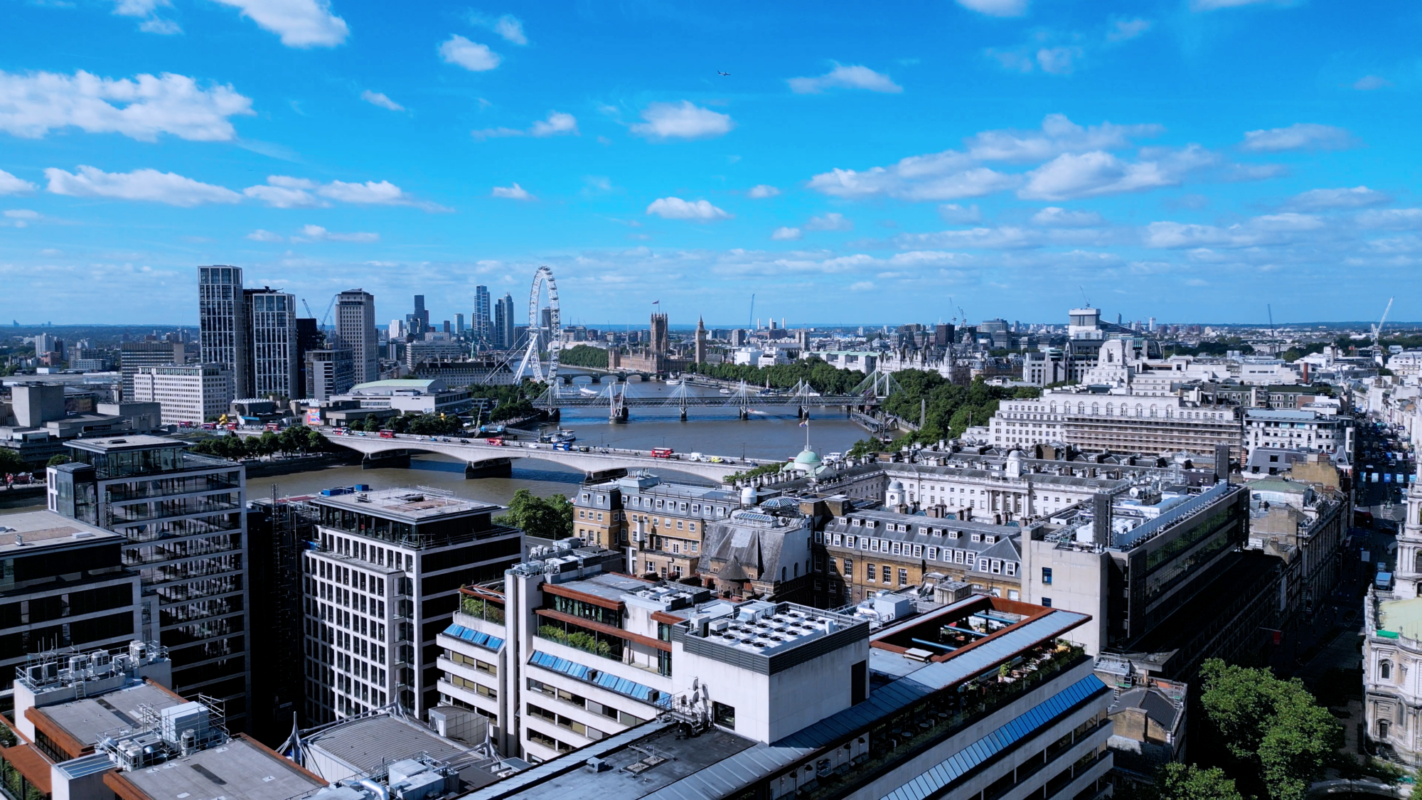 Drone image of the River Thames, facing towards the London Eye and Palace of Westminster.