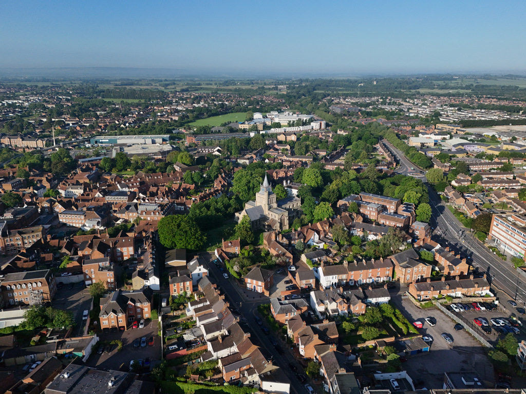 Distant drone photography of St Mary's church in Aylesbury.