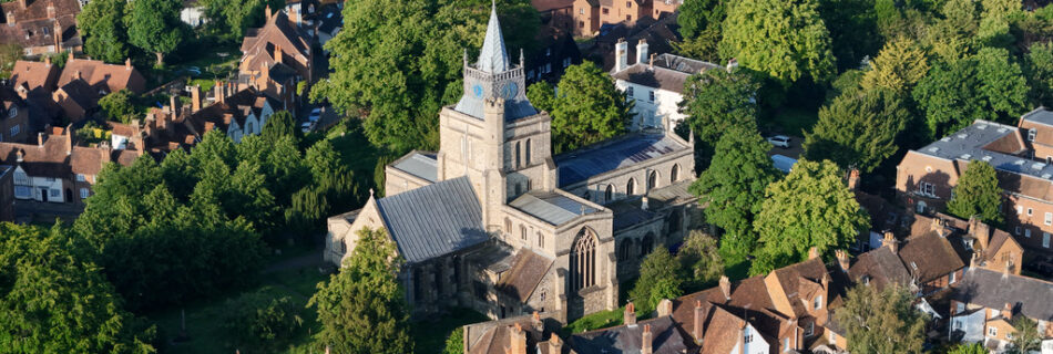 Drone imagery of St Mary's church in Aylesbury.