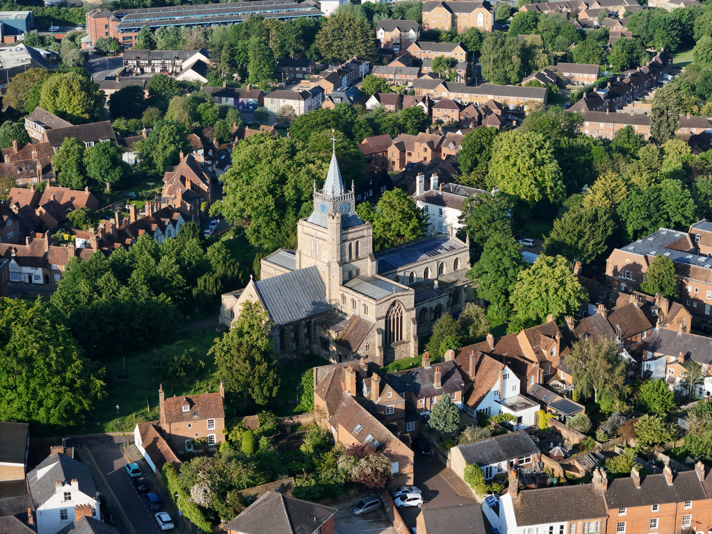 Drone imagery of St Mary's church in Aylesbury.