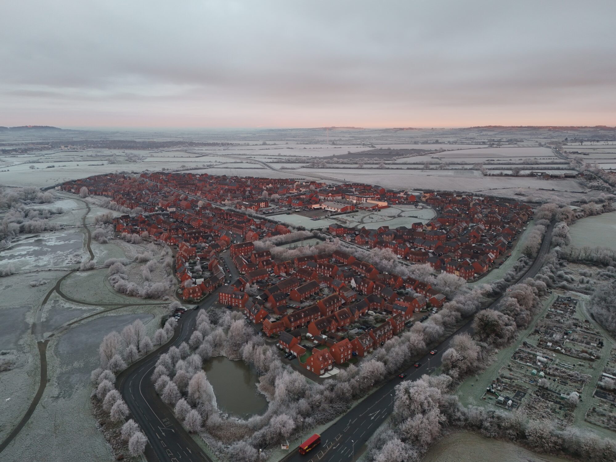 12 January 2025 drone imagery of frost covered ground around Buckingham Park, Aylesbury.