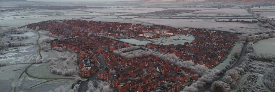 12 January 2025 drone imagery of frost covered ground around Buckingham Park, Aylesbury.