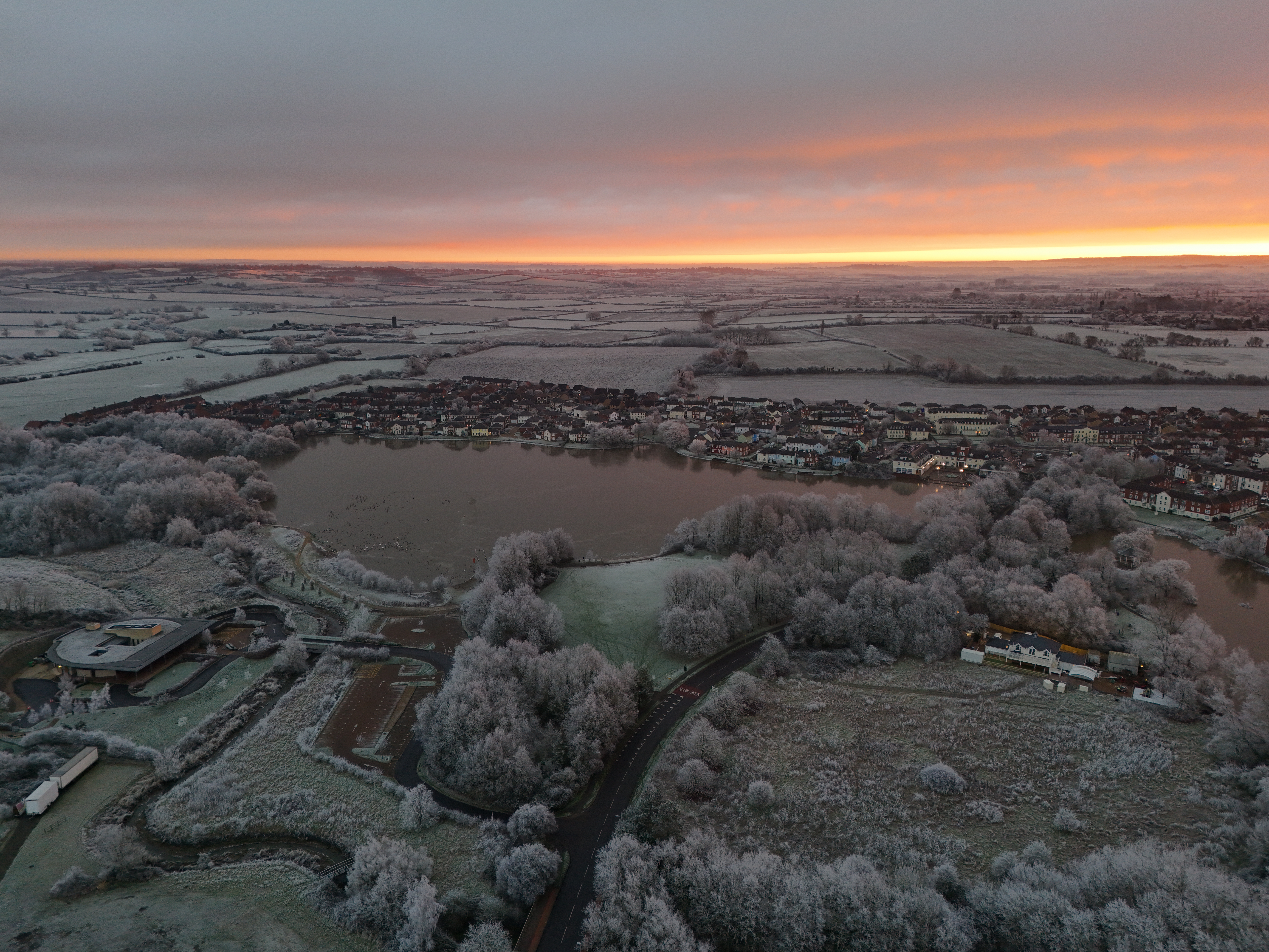 12 January 2025 drone imagery of frost covered ground Watermead, Aylesbury.
