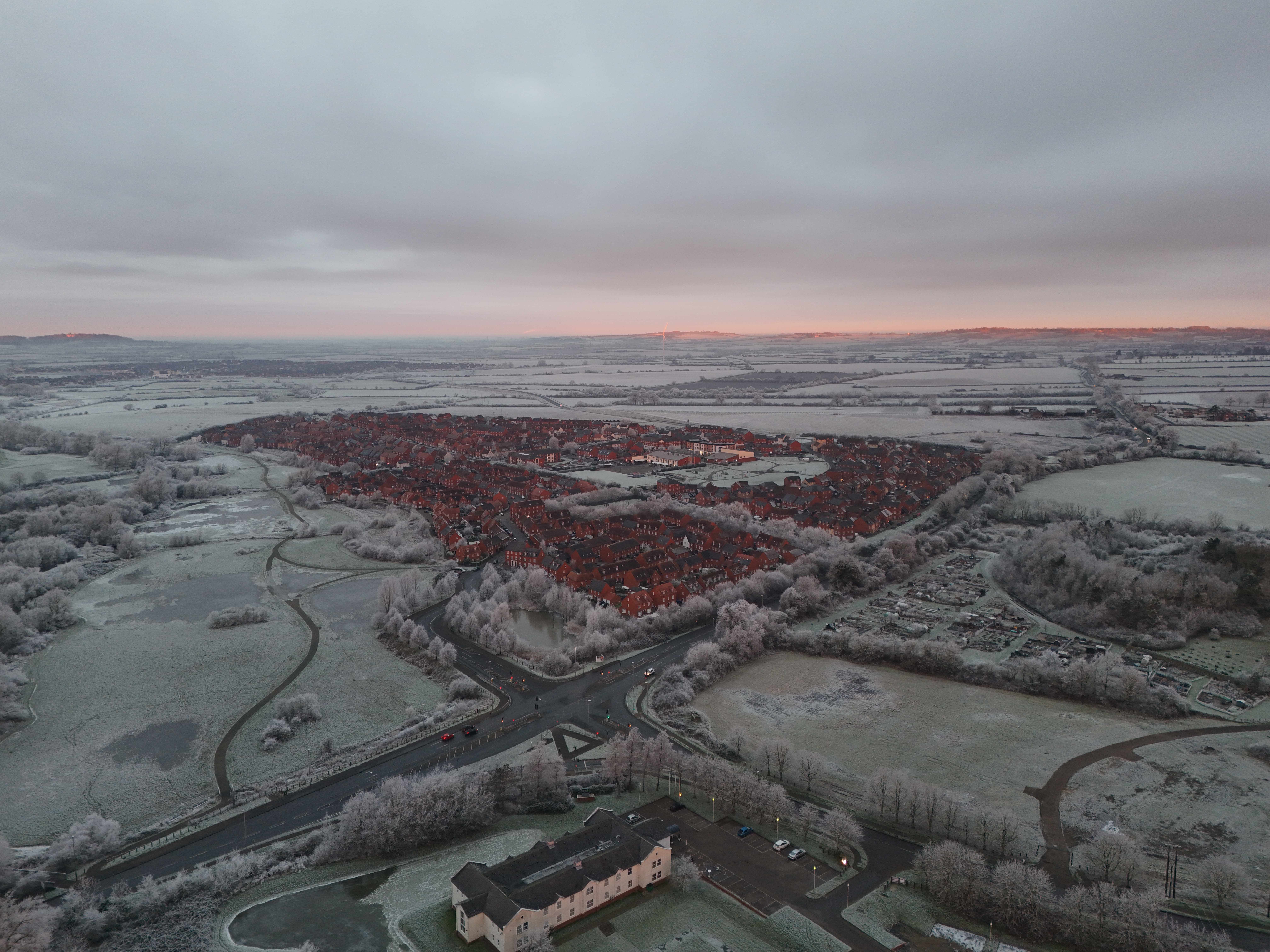 12 January 2025 drone imagery of frost covered ground and Buckingham Park, Aylesbury.