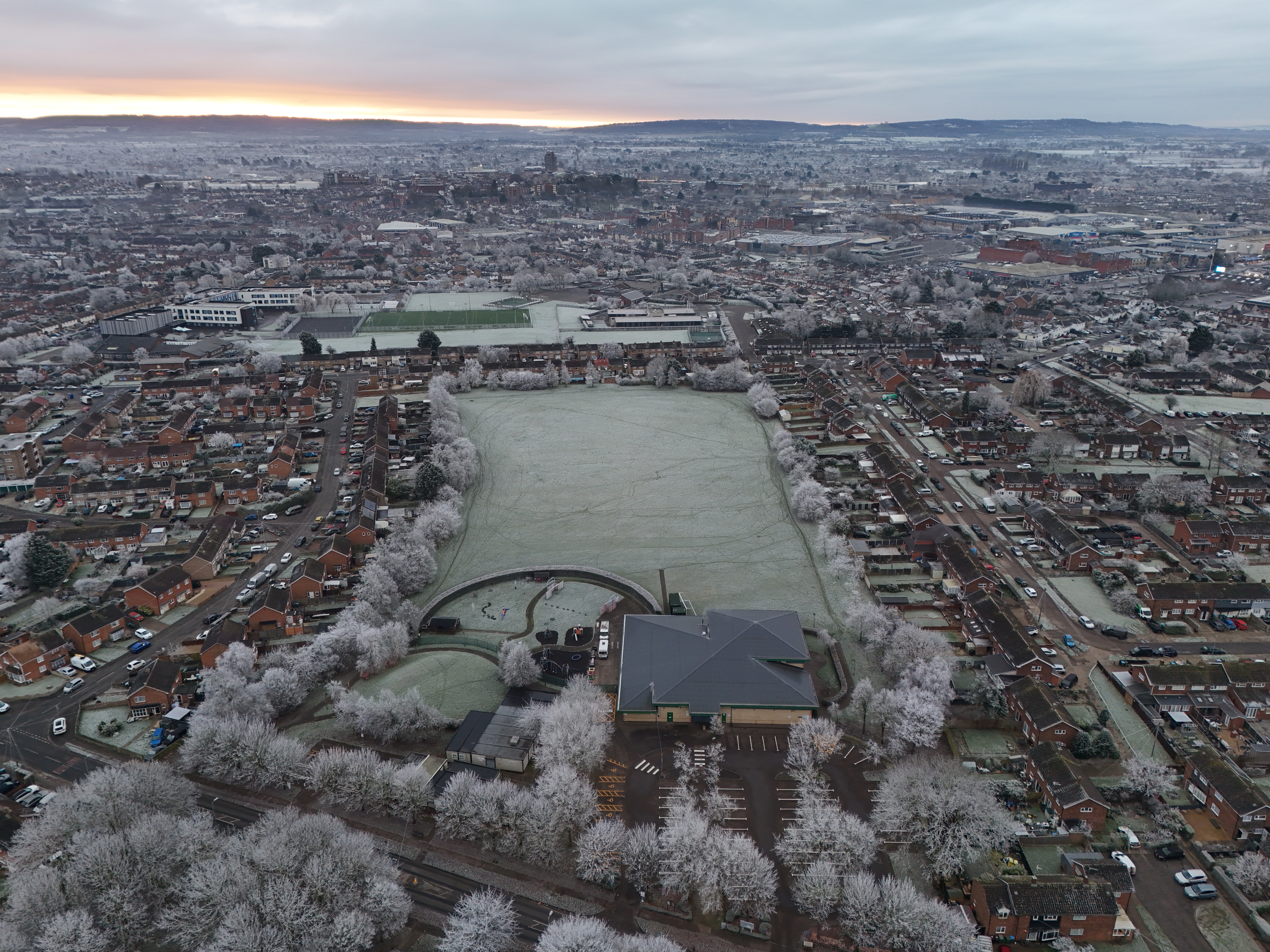 12 January 2025 drone imagery of frost covered ground around Meadowcroft, Aylesbury.