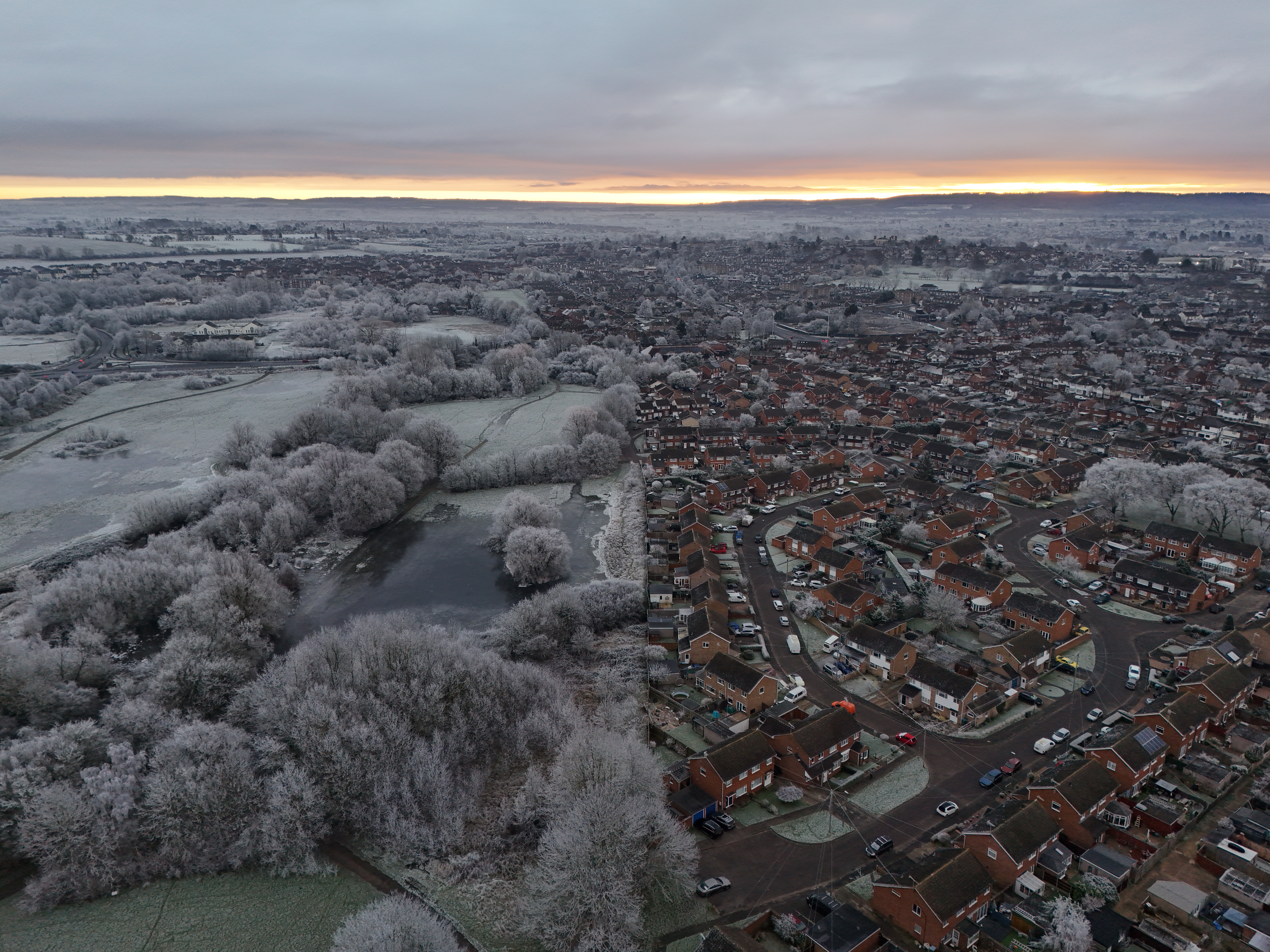 12 January 2025 drone imagery of frost covered ground around Meadowcroft, Aylesbury.