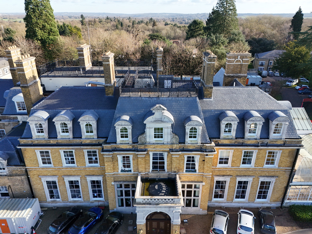 Drone image of a historic building in Chorleywood. Sky Eye Imagery conducts detailed aerial imagery of a historic building.