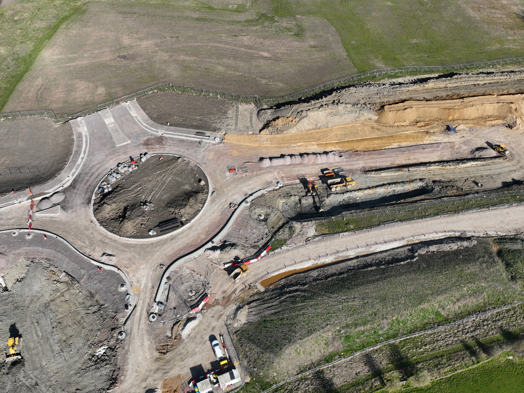 Drone image of a roundabout being constructed in Aylesbury.
