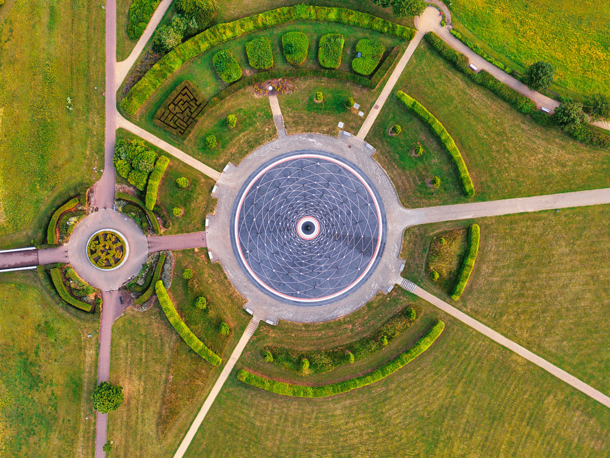 Aerial drone photography of the MIlton Keynes Rose landmark in Milton Keynes.