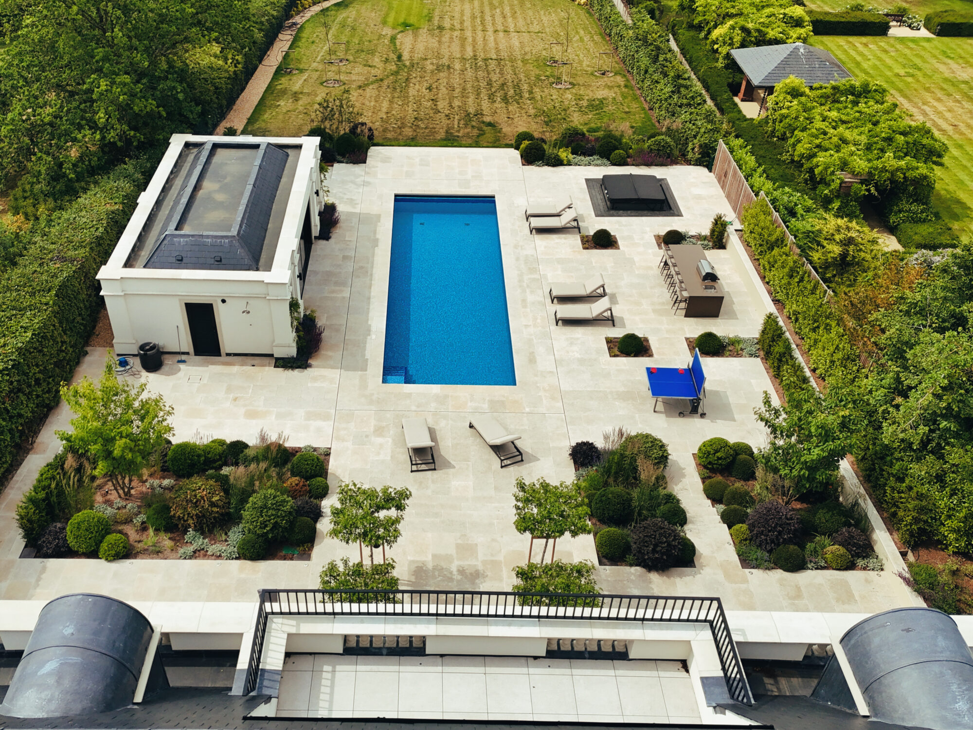 Aerial view of a new pool that has been constructed.