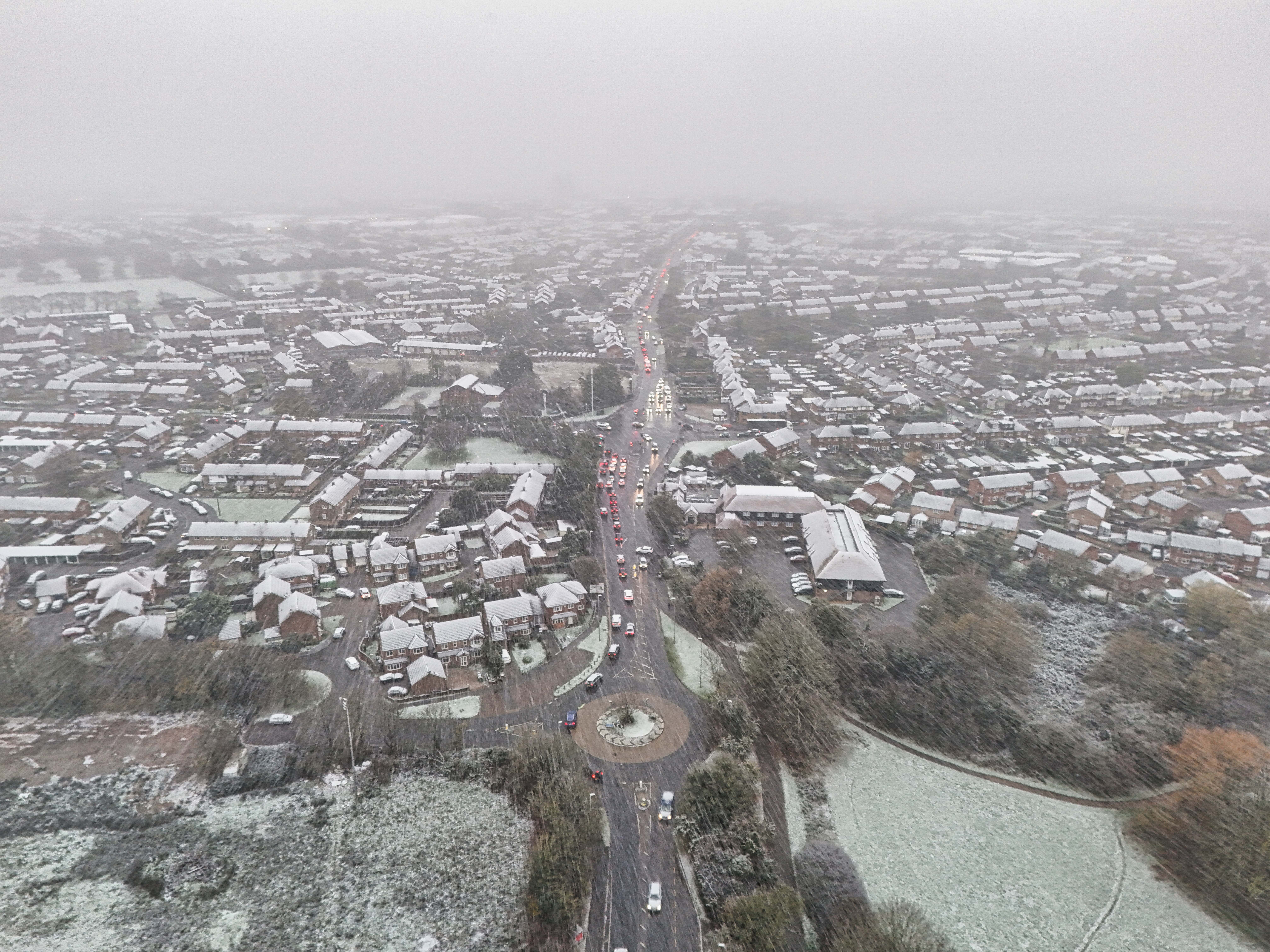 Drone photography of snow falling in Aylesbury on the 19 November 2025