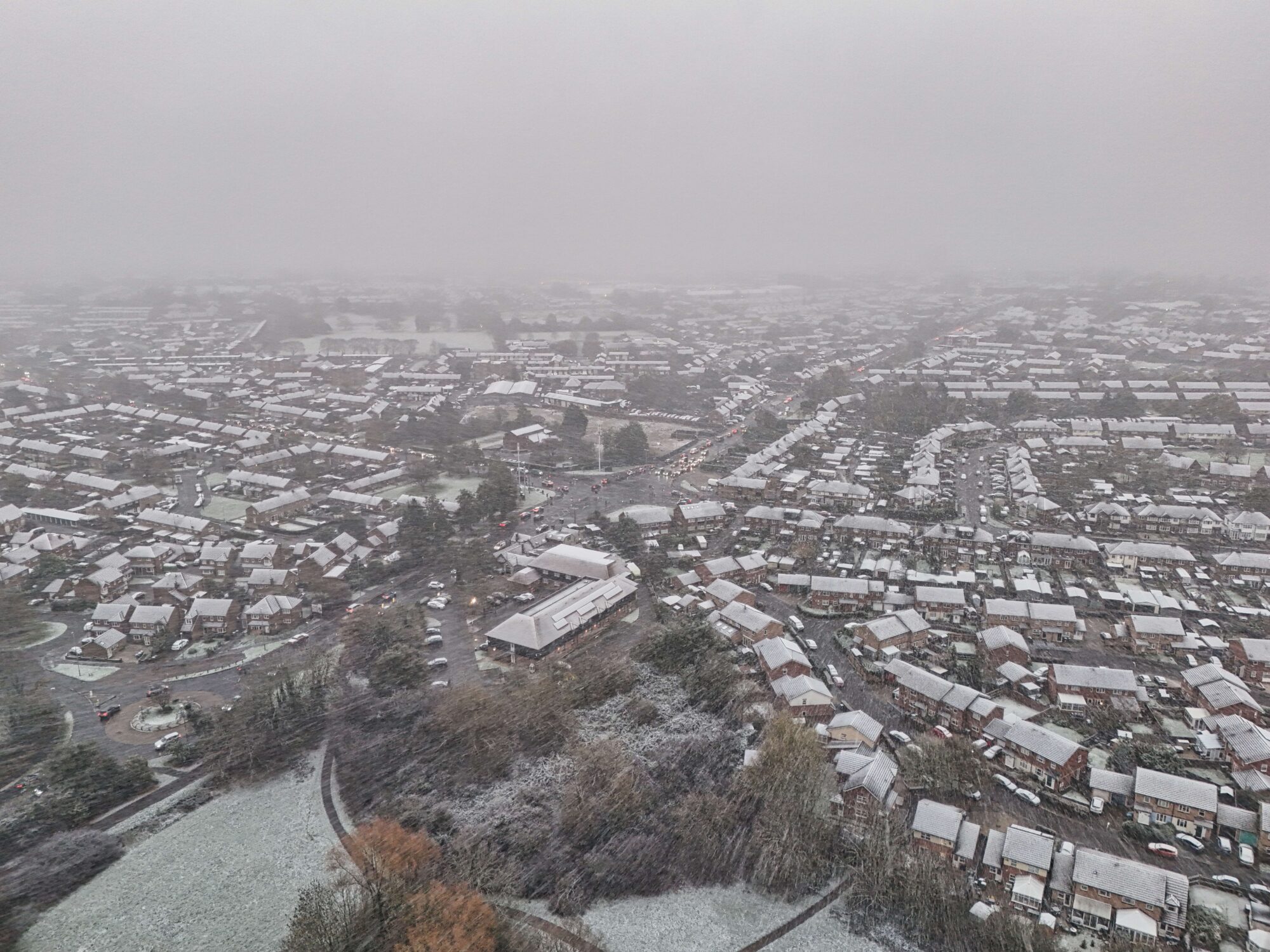 Drone photography of snow falling in Aylesbury on the 19 November 2025