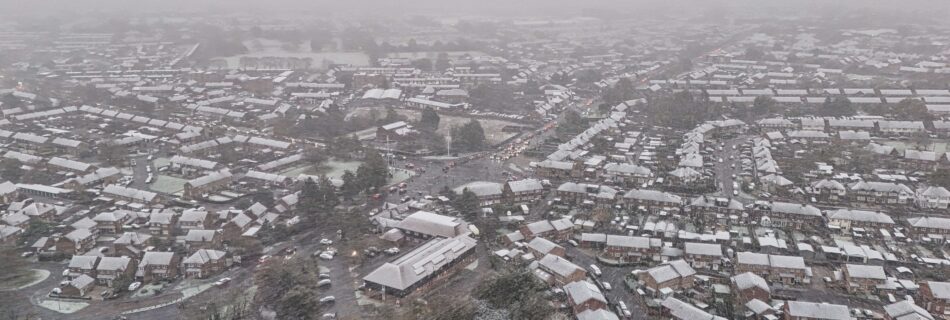 Drone photography of snow falling in Aylesbury on the 19 November 2025