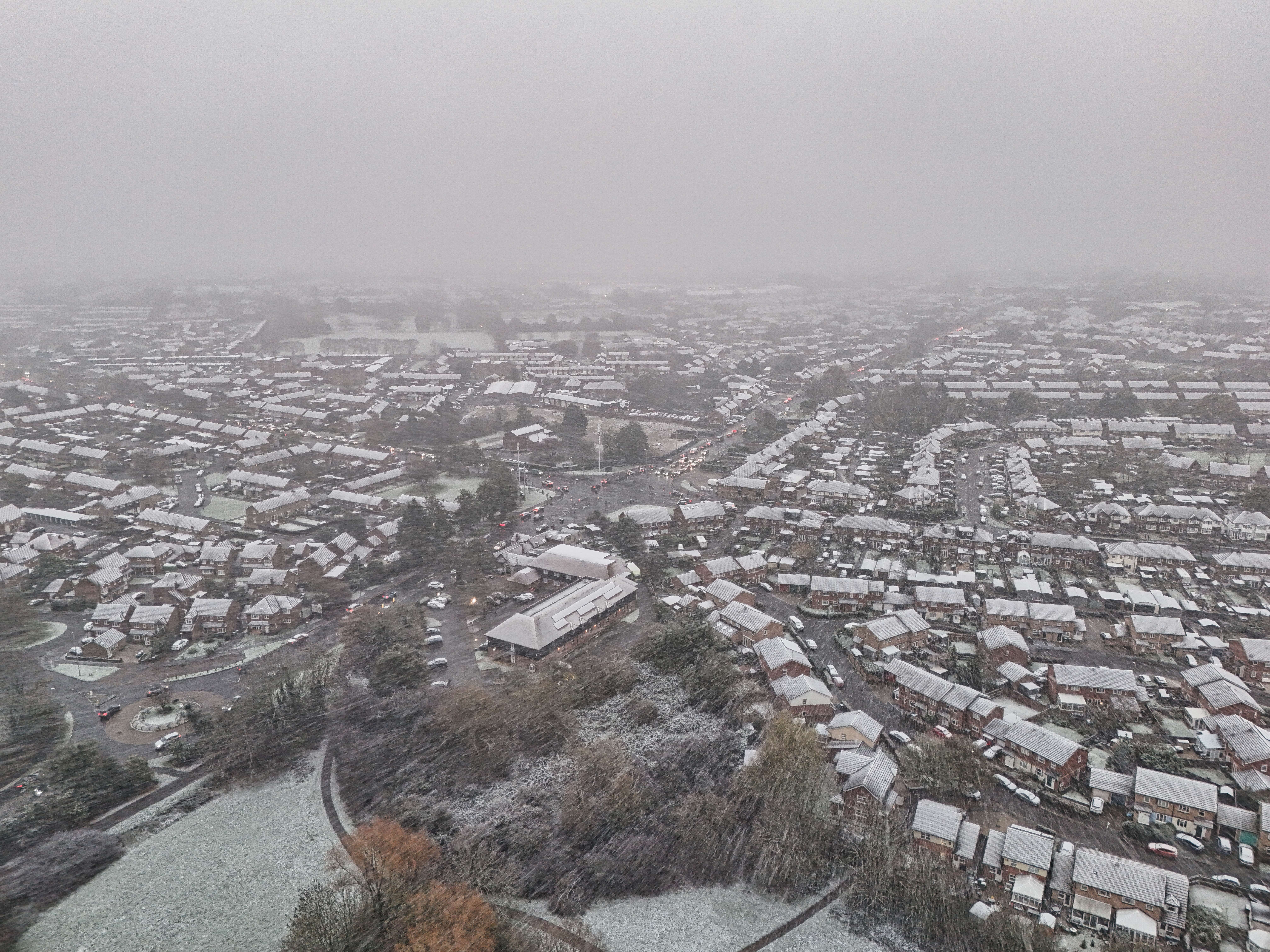 Drone photography of snow falling in Aylesbury on the 19 November 2025