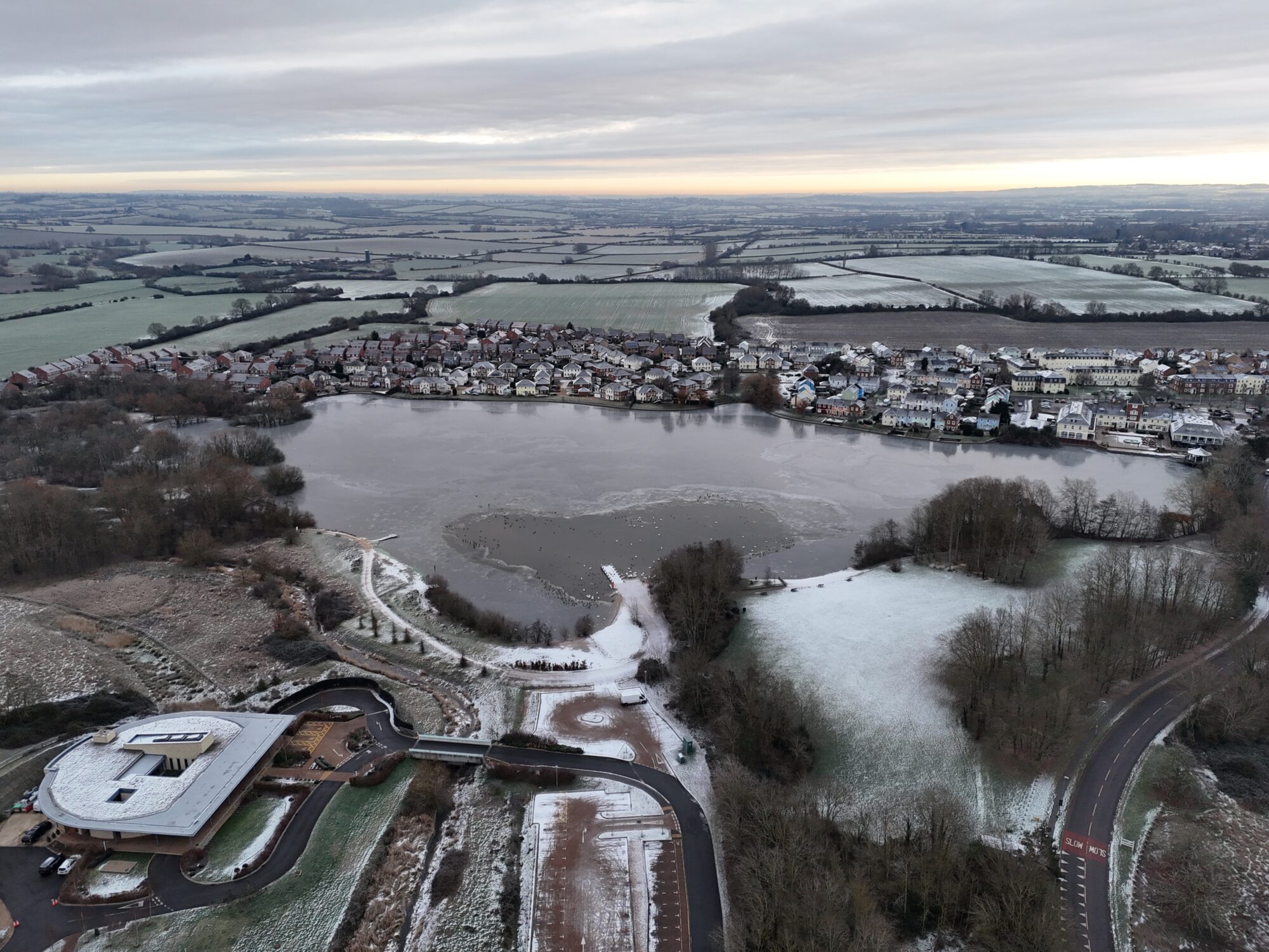One of the main lakes at Buckingham Park is now frozen over.